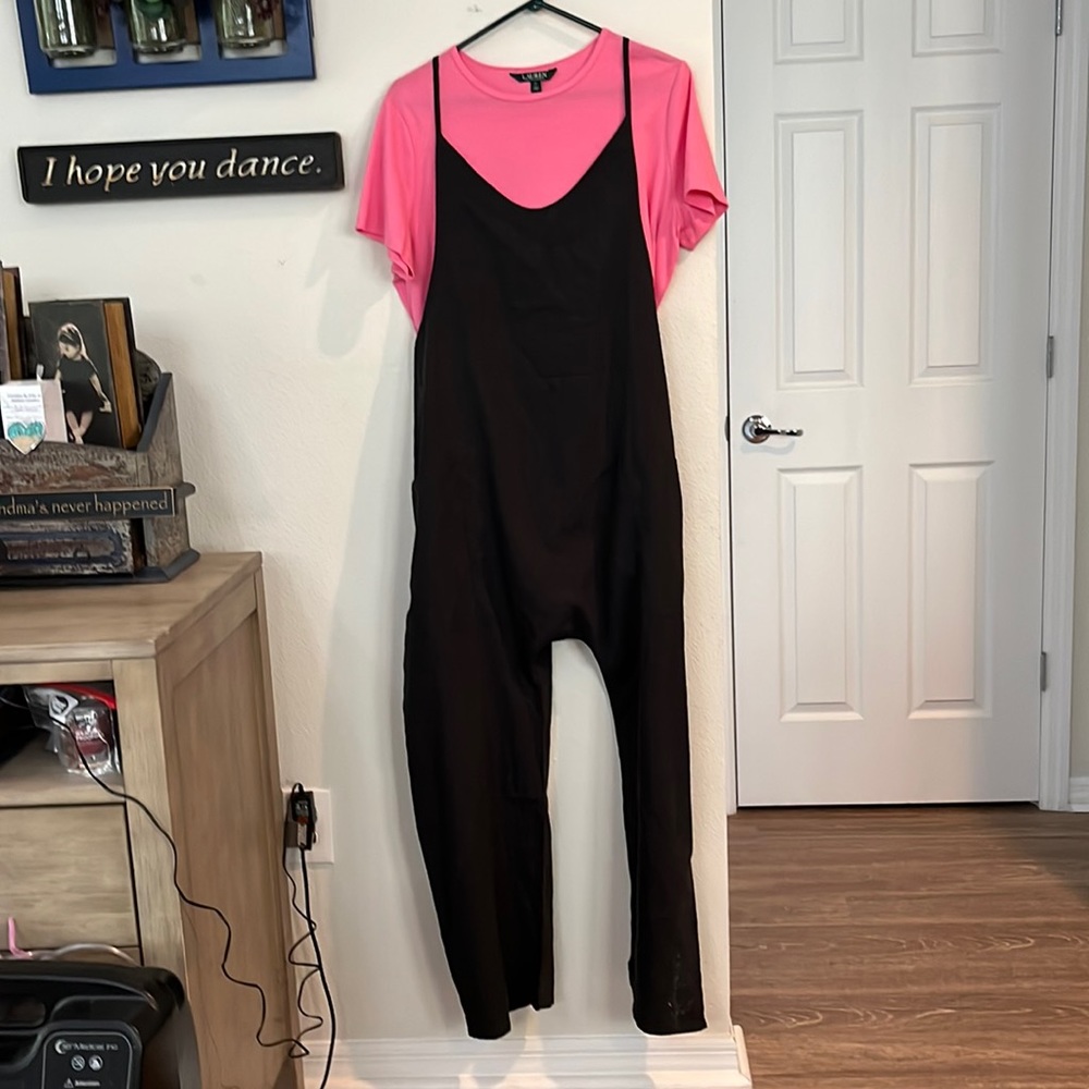 Black jumpsuit with pink t-shirt